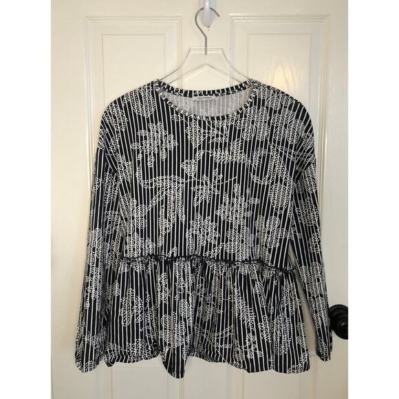 ZARA Trafaluc Dark Blue Striped Floral Peplum Hem Cotton Blouse Resort - Small - Picture 1 of 6